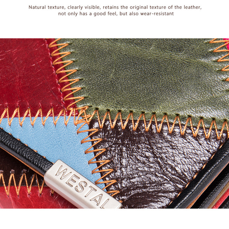 WESTAL 517 Color Splicing Women Purse Top Layer Cowhide Leather Tri-fold Wallet Kiss Lock Coin Purse WESTAL 517 Color Splicing Women Purse Top Layer Cowhide Leather Tri-fold Wallet Kiss Lock Coin Purse